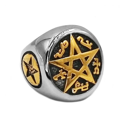 Pentacle Pentagram Magic Amulet Ring 316L Stainless Steel Jewelry Gold Punk Motor Biker Men Ring Wholesale SWR0685 - Click Image to Close